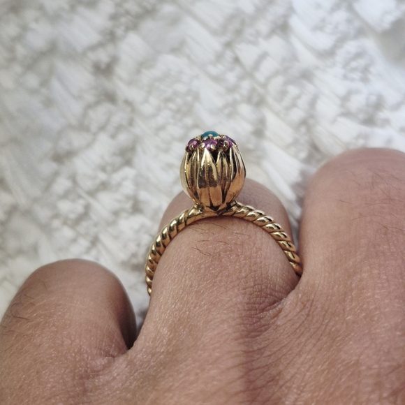 Vintage 14k Yellow Gold Turquoise Ruby Flower Ring - Picture 6 of 8